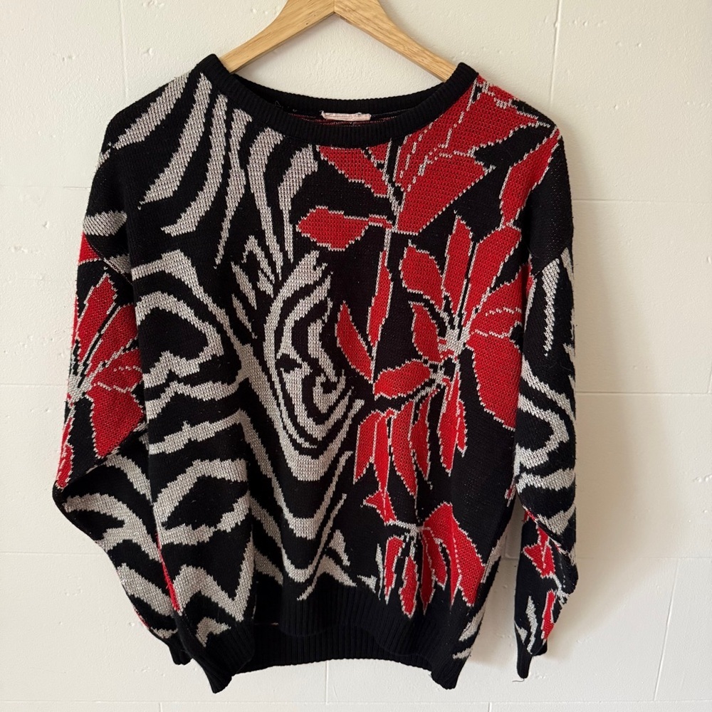 Vintage Red and Silver Sparkly Flowers Sweater